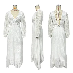 Detailed three-view display of a white pleated jacquard maxi dress with lantern sleeves