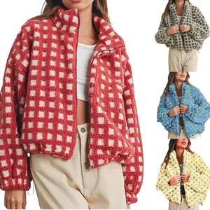 Women Plaid Sherpa Fleece Jacket Stand Collar Zipper Casual Loose Outerwear Checkerboard Pattern Warm Polyester Coat