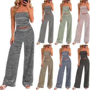 Women Striped Tube Top And Wide Leg Pants Set Casual High Waist Elastic Trousers Top And Bottom Vacation Lounge Outfit