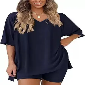 Detailed view of women's casual navy blue V-neck T-shirt and shorts lounge set