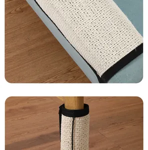Close-up of durable sisal cat scratching mat protecting sofa armrest and table leg.