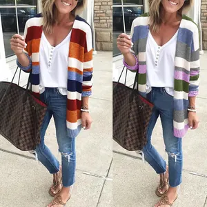 Cárdigan de Punto a Rayas para Mujer Bloque de Color Manga Larga Chaqueta de Suéter Casual