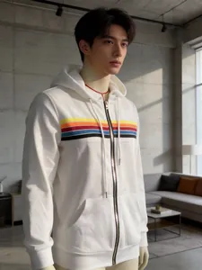 Détail de profil d'un sweat blanc montrant des rayures colorées et un zip en métal