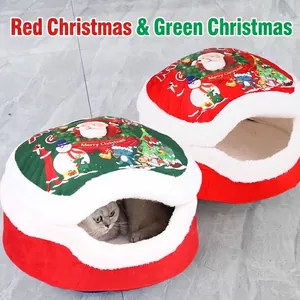 Accogliente cuccia per gatti e cani piccoli a tema natalizio design semi-chiuso