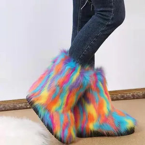 Damen Europäische Mode Bunte Langflor Wadenhohe Schneestiefel Kunstpelz Warm Dick Plateau Winter Pelzige Stiefel Übergröße
