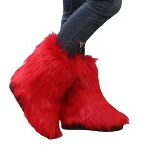 Auffällige rote Langhaar-Kunstpelz-Schneestiefel für Damen