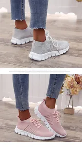 Atmungsaktive Flyknit-Mesh-Sneaker für Damen in Grau und Rosa mit Plateausohle