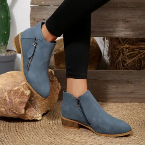 Stylish blue faux suede pointed-toe ankle boots with side zipper for women fall winter