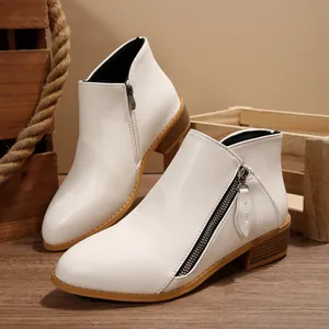 Elegant women's white pointed toe ankle boots with low block heel and side zipper