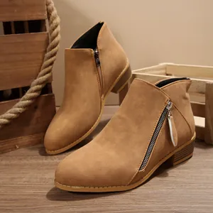 Women's elegant pointed toe suede ankle boots with chunky heel and side zipper closure