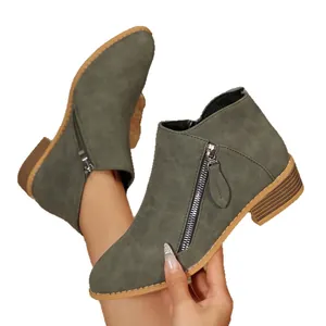 Stylish army green women's ankle boots featuring chunky heel and pointed toe design