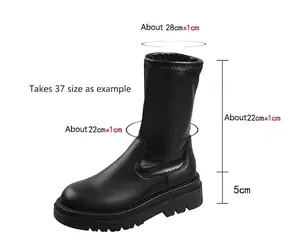 Detalles de medida de botas negras elásticas que muestran altura y circunferencia