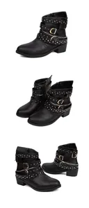 Mehrere Ansichten schwarzer Stiefeletten mit Nieten, Ketten und Riemen.