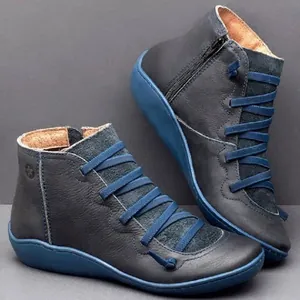 Bottes Martin Décontractées Rétro pour Femmes Cuir Synthétique Fermeture Éclair Latérale Bottines Bout Rond Talon Compensé Bas Automne Hiver