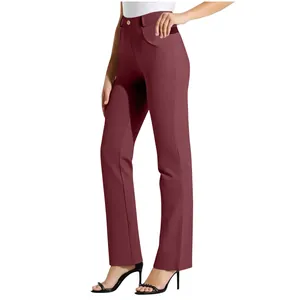 Detail of burgundy straight-leg work pants showing high-waisted fit and fabric texture