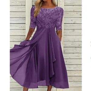 Detailed view of purple chiffon bridesmaid dress with elegant lace embroidery bodice.