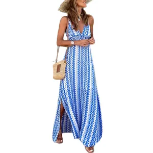 Bohemian summer maxi dress with blue wave print, V-neck, and side slit for beach vacation.