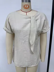 Elegant summer short sleeve blouse for women featuring a stylish neck tie detail.