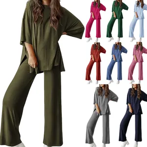Women Casual Two Piece Set Solid Color Round Neck Short Sleeve Top And Wide Leg Pants With Pockets Comfortable Loungewear