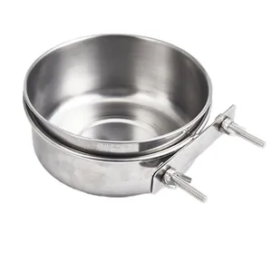 Durable stainless steel pet feeding bowl with adjustable metal bracket for cage mounting