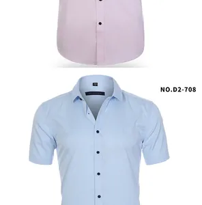Detail of light blue and pink short-sleeved stretch business casual shirts for men.