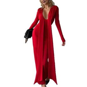 Elegant red deep V-neck long sleeve bodycon maxi dress with decorative sash ribbons.