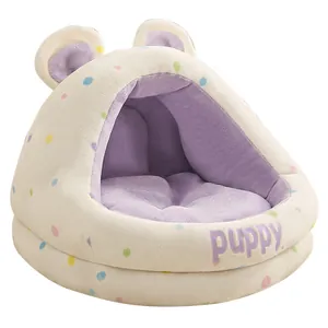 Cama para gatos semicerrada con lunares y cojín morado para perros pequeños y suaves