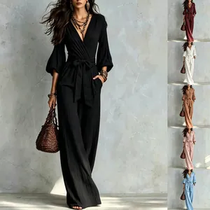 French Style Deep V-Neck Bubble Sleeve Wide Leg Jumpsuit High Waist Slimming Long Romper With Belt For Women Elegant Fashion Jumpsuit