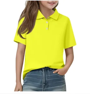 Close-up detail of a bright yellow children's cotton polo shirt with white buttons