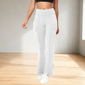 High-waisted white flare yoga pants featuring functional side pockets and seam details