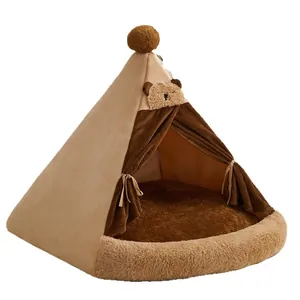 Lit tipi douillet en peluche pour animaux avec décor d'ours en peluche