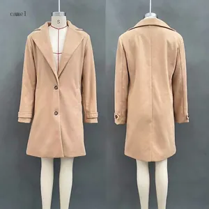 Front and back view of a classic camel mid-length lapel woolen coat for women
