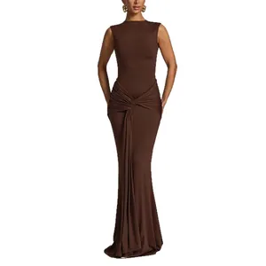 Elegant brown sleeveless floor-length maxi dress with gathered waist detail for women