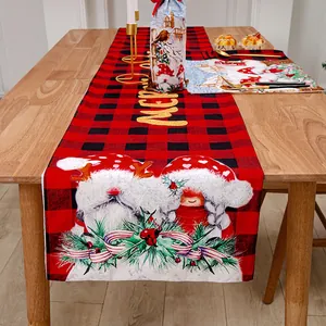 Christmas red and black buffalo plaid table runner with gnome print and Merry text