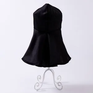 Rear view of a black breathable pet cosplay hood shown on a white wire display stand