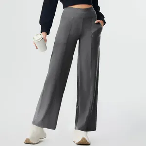 High-waisted straight leg yoga pants with side pockets in charcoal grey for fitness