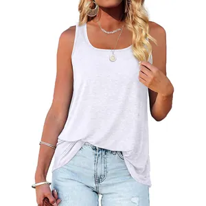 Close-up view of a comfortable white scoop neck sleeveless tank top on a female model