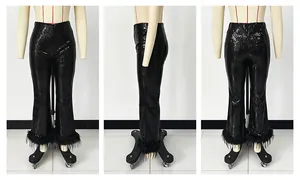 Elegant black sequin flared trousers with faux fur hem detail shown in three views