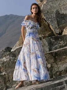 Elegant white off-shoulder floral organza maxi dress with tiered skirt for evening parties
