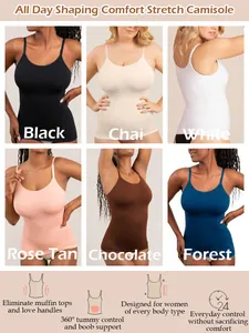 Infographic showing six colors of seamless shapewear camisoles with functional icons