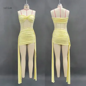Elegant yellow mesh splicing tube top mini dress featuring stylish side streamers