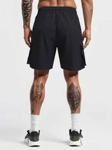 Detail back view of black four-way stretch quick-dry athletic cargo shorts for men