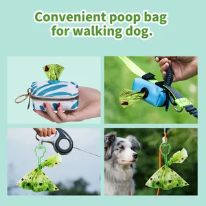 Portable pet poop bag dispenser set for walking dogs with biodegradable bags and holder