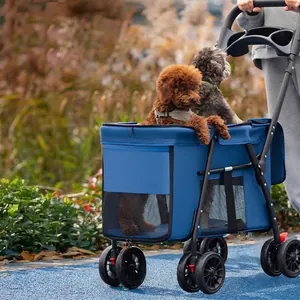 Blue foldable pet stroller for medium and large dogs with breathable mesh