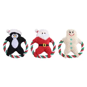 Christmas plush dog chew toys set for pets with squeaker and cotton rope rings