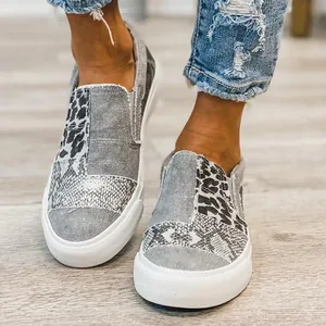 Zapatillas de lona patchwork para mujer con estampados de leopardo y serpiente gris