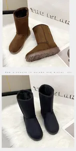 Detailed view of high-top fleece-lined women's winter snow boots in brown and black