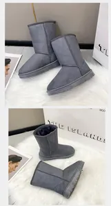 Detailed view of 2024 winter grey high-top snow boots featuring a thick warm plush lining