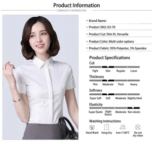 Detailed features of women's slim-fit white short-sleeved professional office shirt
