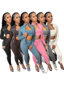 Completo sportivo da donna 3 pezzi in sei colori con giacca a zip e leggings sport